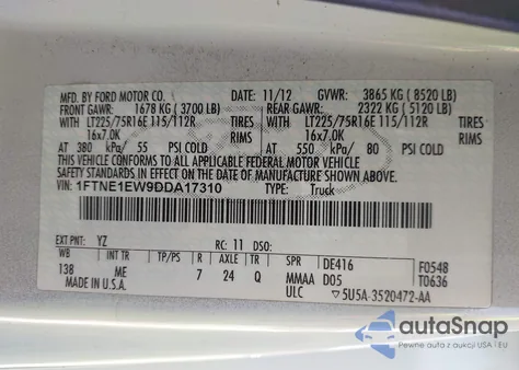 2013 Ford E-150 Commercial z USA, uszkodzony, nr VIN 1FTNE1EW9DDA17310